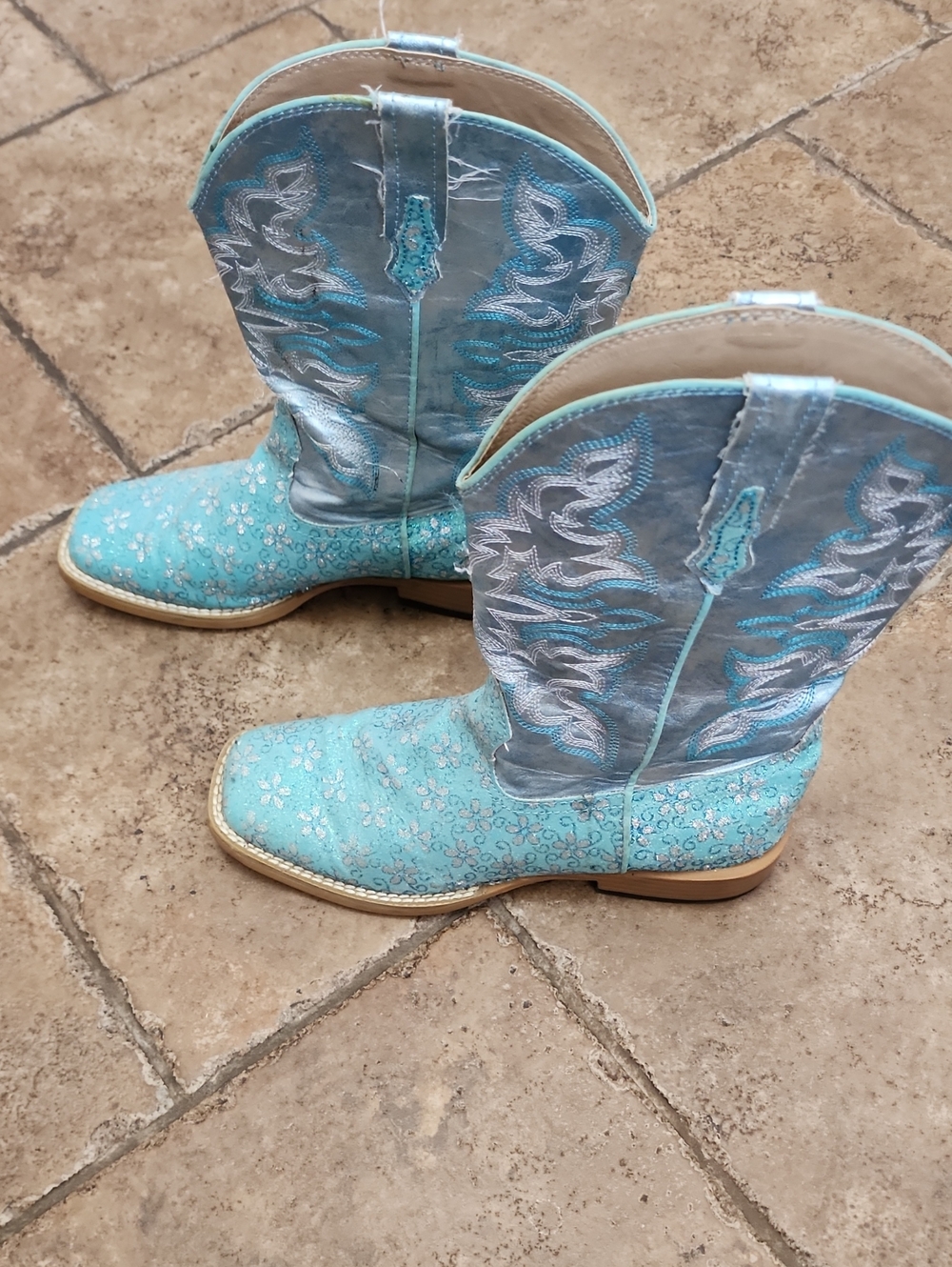 Roper Girls Floral Glitter Western Cowboy Boots Turquoise Blue Size 3 YOUTH GUC